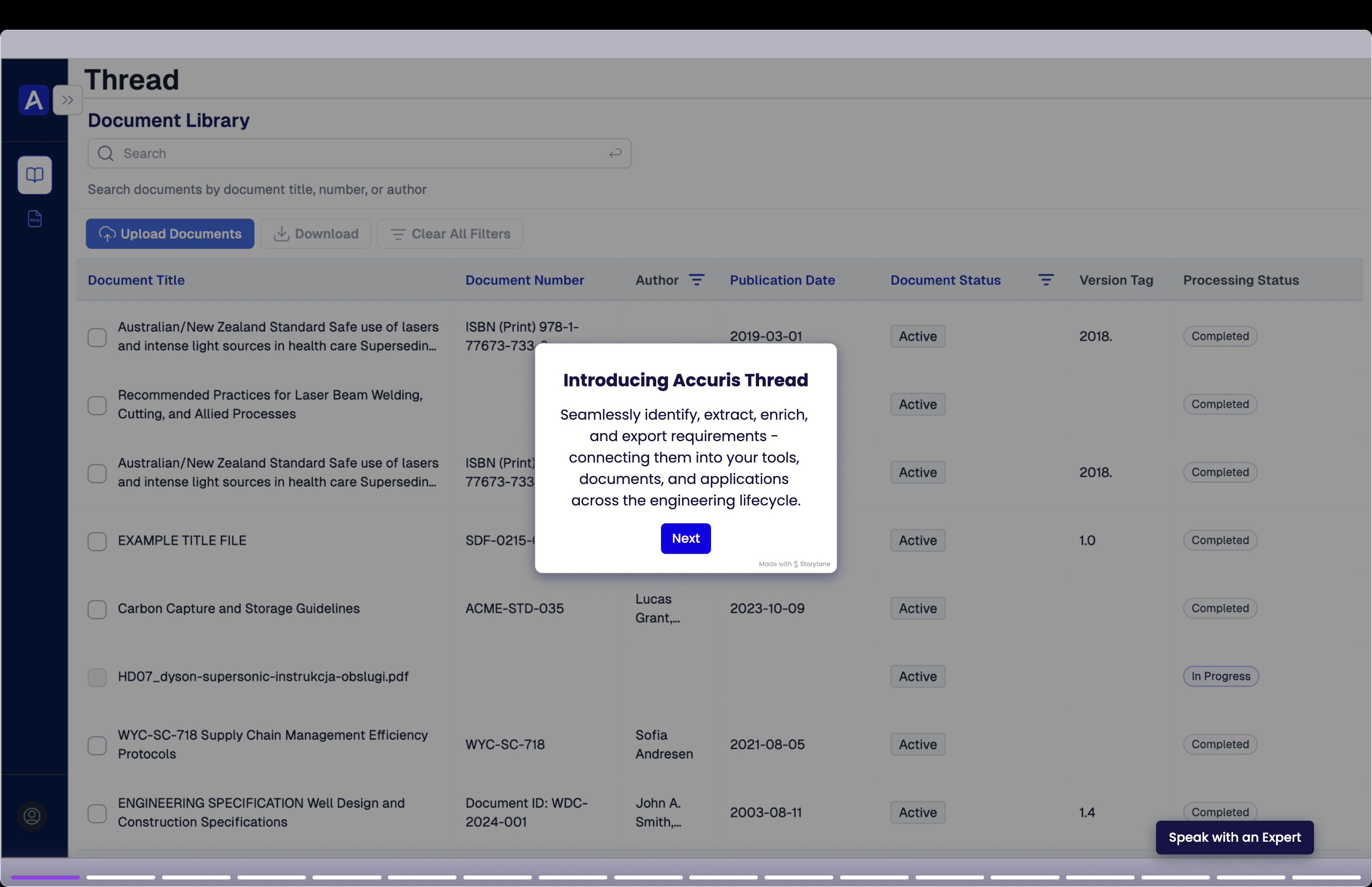 A screenshot of the Accuris Thread document library interface